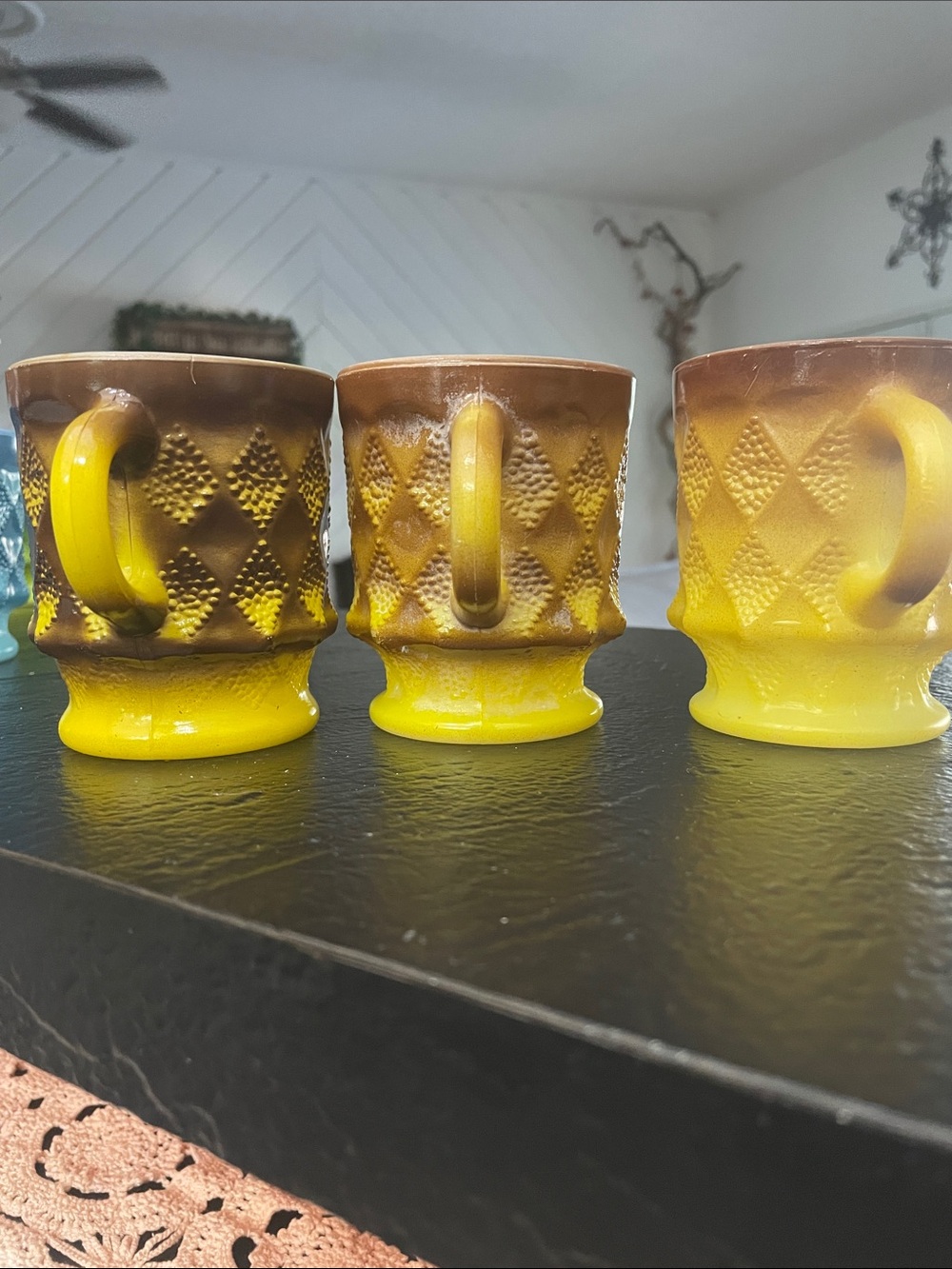 Fire King Kimberly Tan and Yellow Diamond Textured Ceramic Pedestal Mug-Set of 3 - Picture 2 of 7